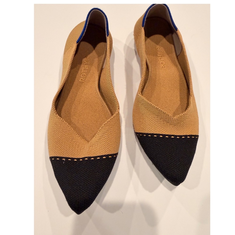 Rothys The Point Cap Toe Tan and Black Knit Flats Womens Size 9